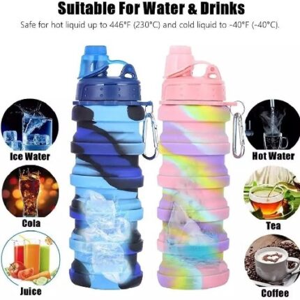 Silicon collapsible bottle-500 ml BPA- free food grade silicone , hold both hot & cold beverages, clear & big cup - mouth easy , easy to clean