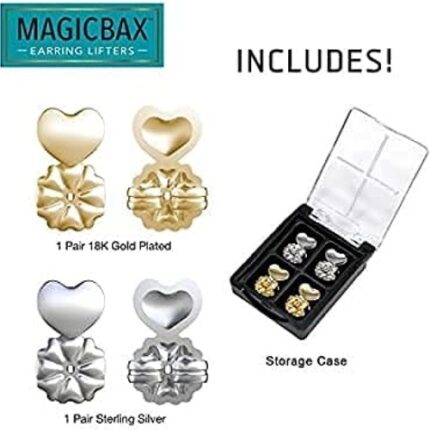 Magic Bax Instant earrings lift, firmly secure & support your earrings, helps those with stretched lobes, heavy earrings,and bad piercing Package- 1 pair sterling silver earrings lifters,1 pair of gold microplates earrings lifter