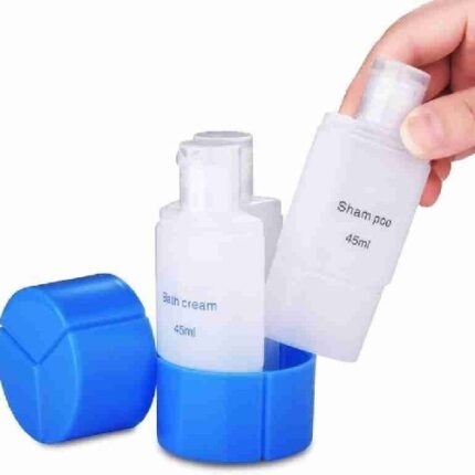 240 ml - 4 in 1 travel bottle Made of -PP. Dimensions-6×6×12 cm No need to be heavy during the trip.4 in 1 refillable travel bottle, leakproof, fits all lotion, cream, and liquids.